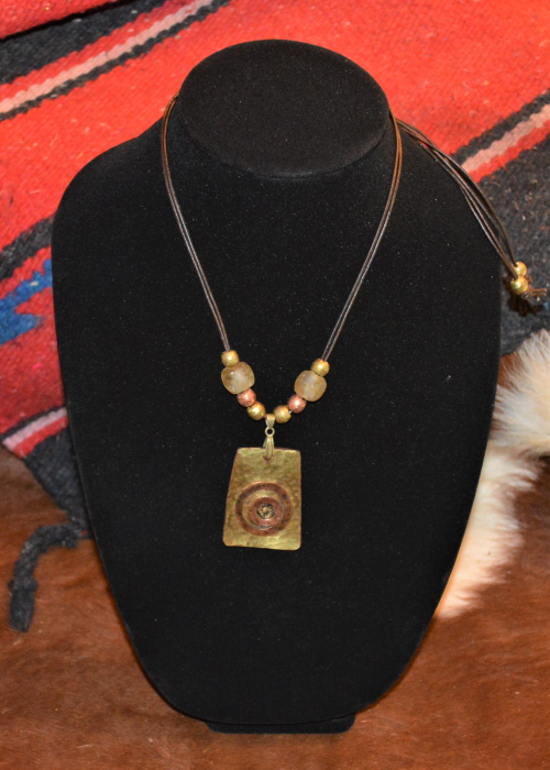 Hammered brass pendant necklace w/ copper elements & handmade Ethiopian glass and metal beads
