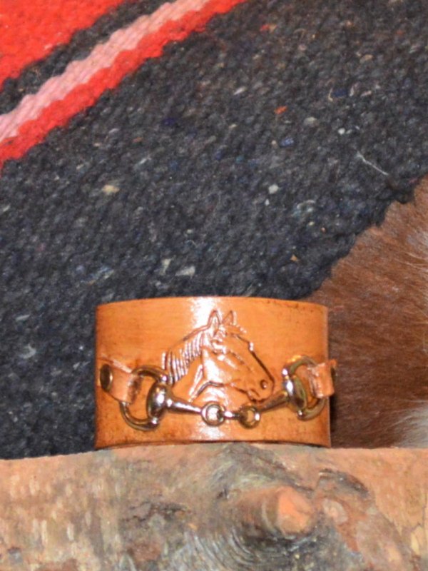 1 1/2" leather cuff bracelet w/ horse and snaffle bit design