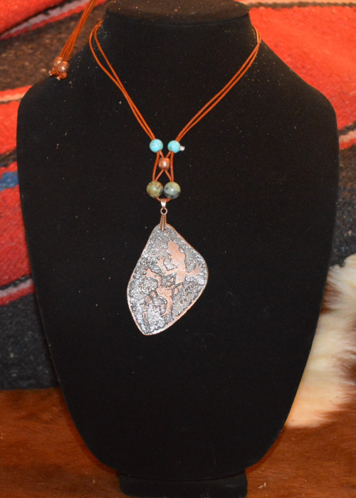 Etched copper pendant necklace w/ lizard etching and African turquoise beads