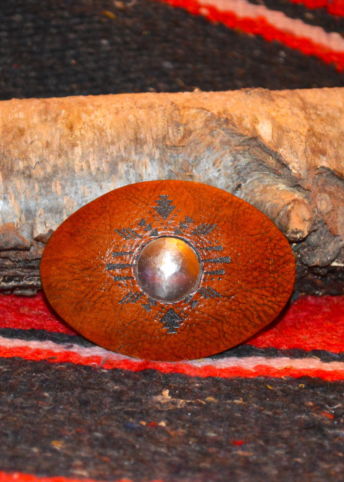 Leather belt buckle w/ Native American etching & copper embellishment 