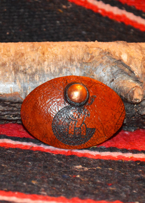 Leather belt buckle w/ Egyptian etching and copper embellishment 