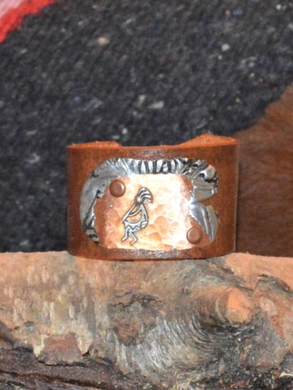 11/2" leather cuff bracelet w/ copper, pewter & Kokopelli  figure 