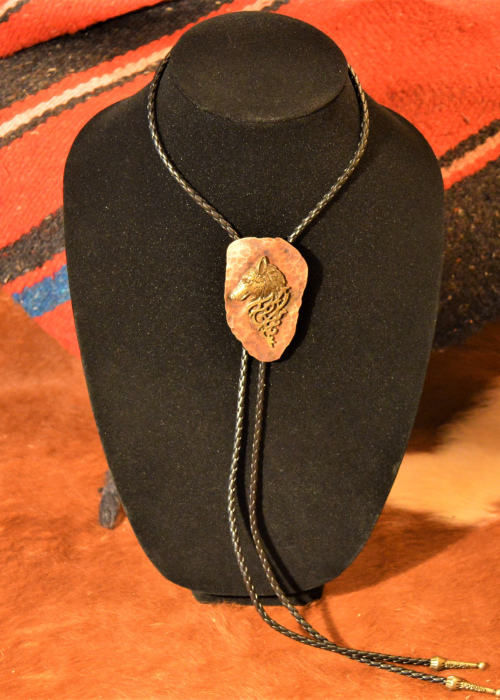 Wolf head on hammered copper bolo