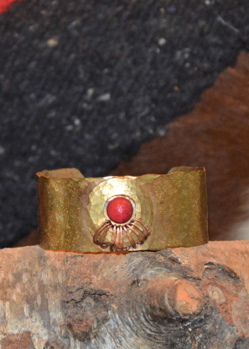 1 1/2" Hammered brass bracelet w/ brass, copper and red stone rivet