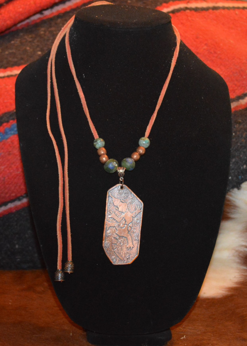 Etched lizard copper pendant necklace w/ handmade Ethiopian glass & copper beads w/ African turquoise beads 