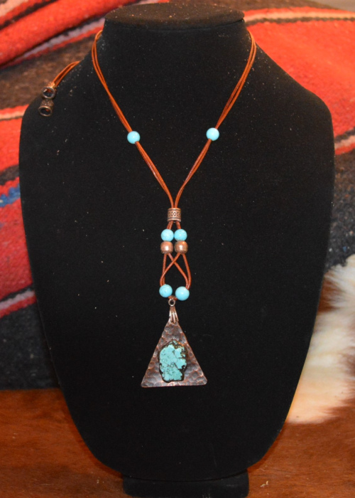 Hammered copper pendant necklace w/ semi precious stone w/ stone & copper beads