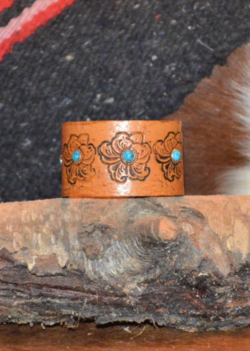 1 1/2" leather floral cuff bracelet with turquoise rivets