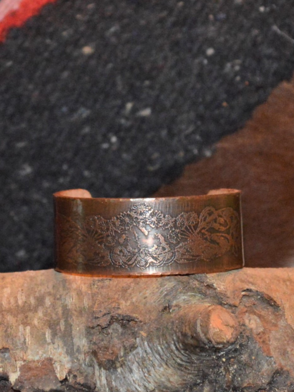 Floral etched copper bracelet