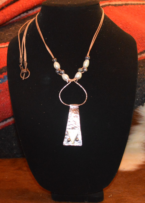 Hammered copper pendant necklace w/ freshwater pearls, brass and pewter elements