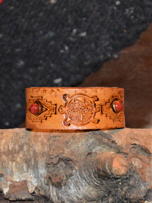 1" leather turtle cuff bracelet w/ red stone rivets