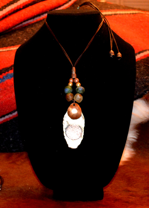 Copper elements on hammered brass pendant necklace w/ handmade Ethiopian glass and metal beads