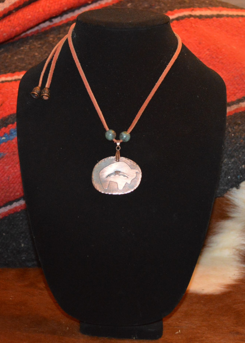 Etched copper buffalo  pendant necklace w/ African turquoise beads