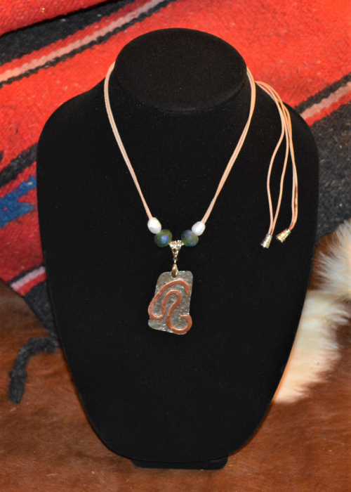 Hammered nickel pendant necklace w/ copper element freshwater pearls